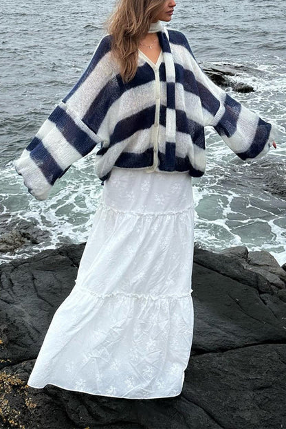 Lantern Sleeves Button Down Color Block Stripes Sweater with Scarf