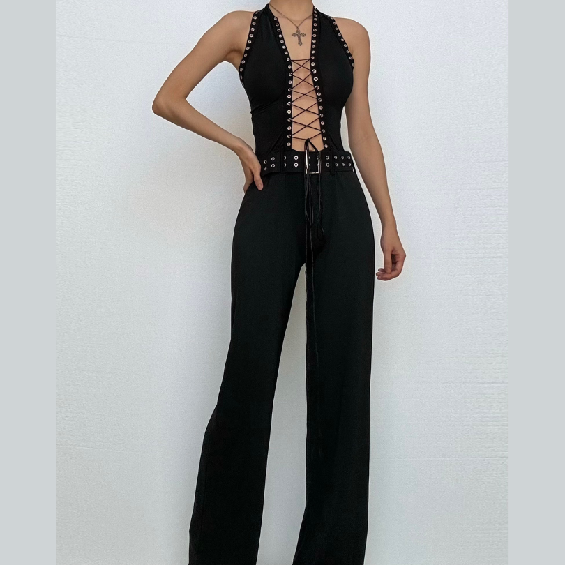 Halter lace up hollow out self tie backless jumpsuit