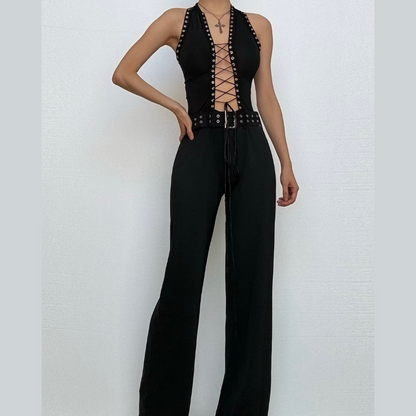 Halter lace up hollow out self tie backless jumpsuit