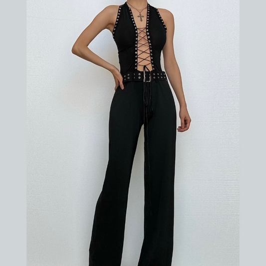 Halter lace up hollow out self tie backless jumpsuit