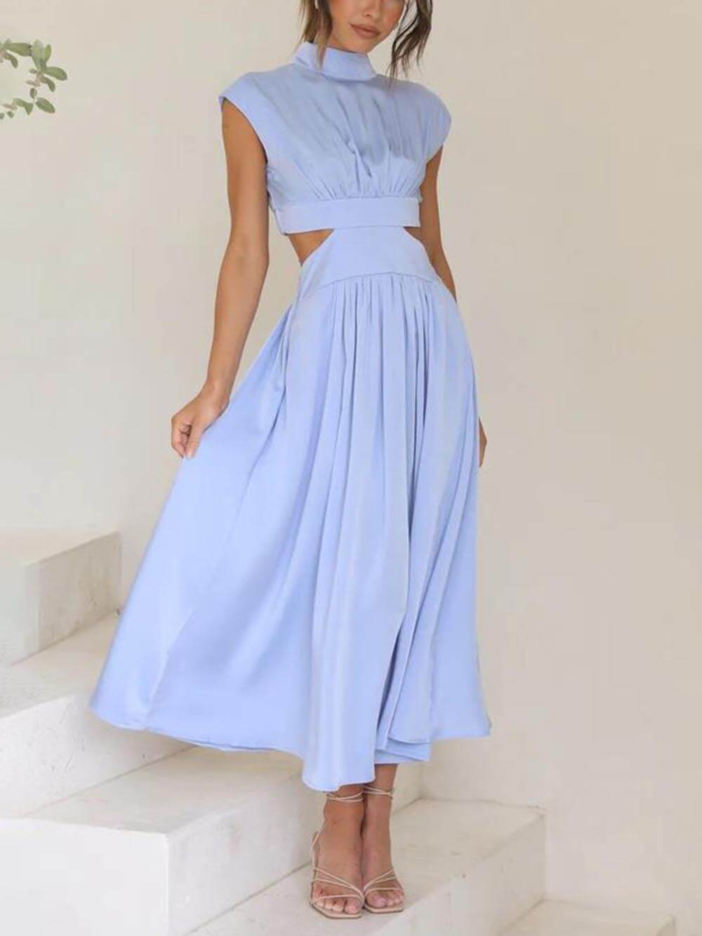 Mock Neck Sleeveless Waist Cutout Pocketed A-Line Midi Dress