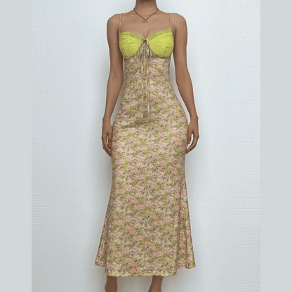 Sweetheart neck lace flower print knotted cami maxi dress