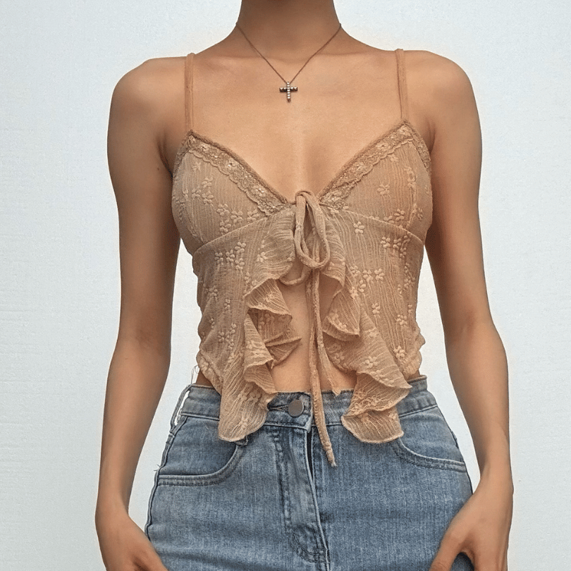 Ruffle high slit textured cami top