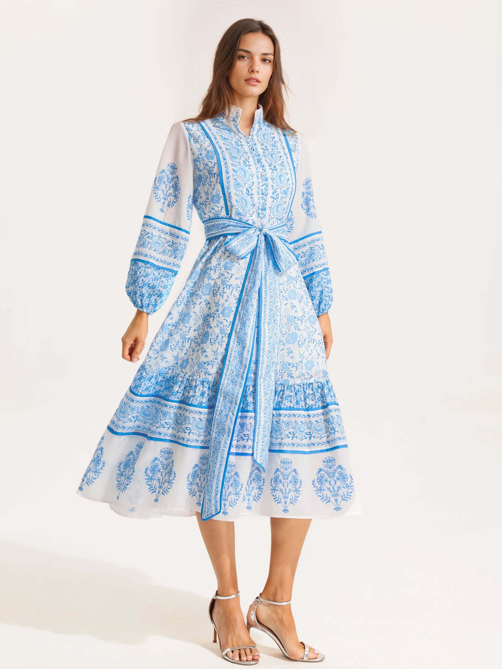 Floral Print Midi Dress for Women - Lantern Sleeve Stand Collar A-Line Belted Folklore Gown - Spring Garden Party 2026