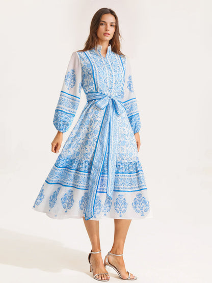 Floral Print Midi Dress for Women - Lantern Sleeve Stand Collar A-Line Belted Folklore Gown - Spring Garden Party 2026