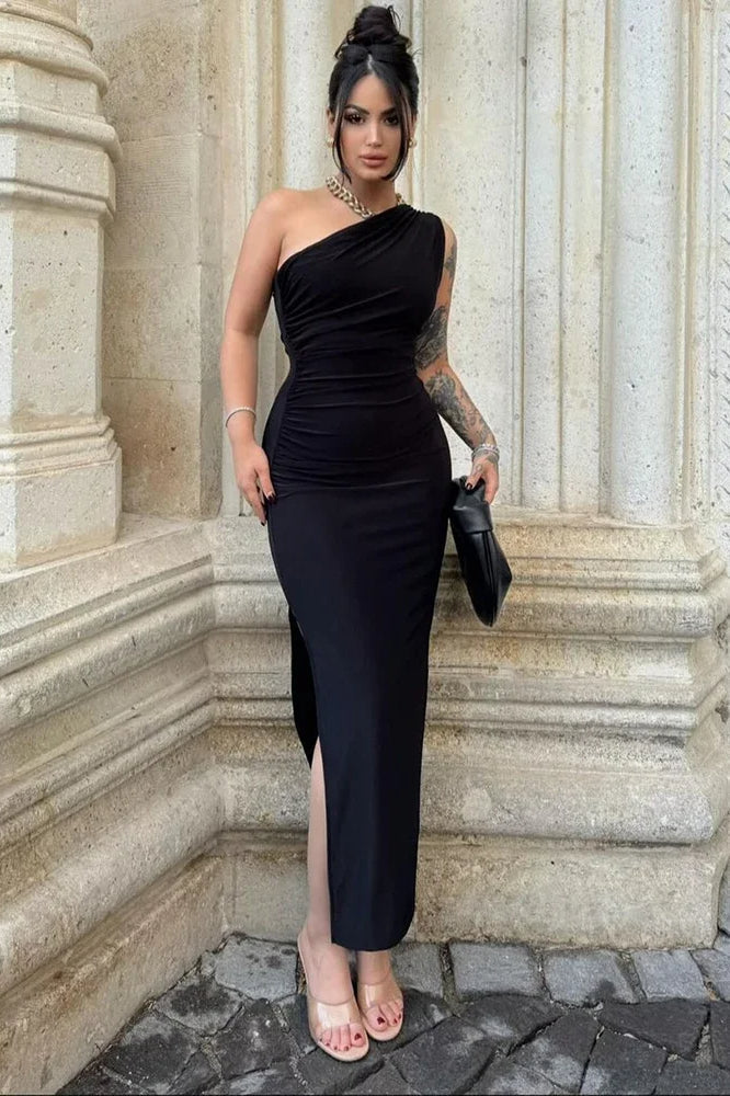 One-Shoulder Ruched Bodycon High Slit Midi Dress
