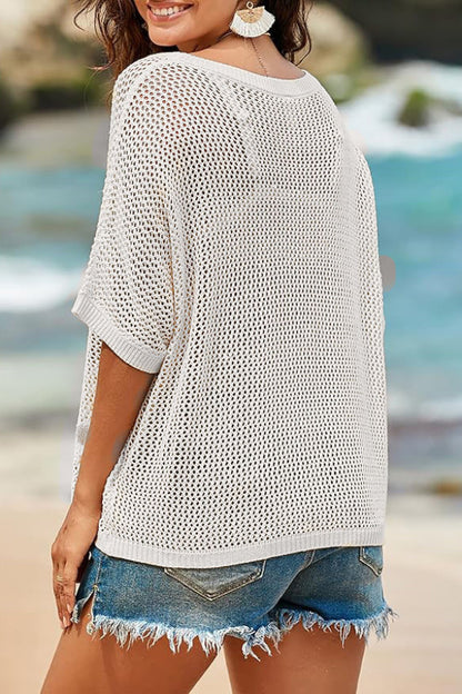 Floral Jacquard Loose-fitting Round Neck Short-sleeved Casual Knitted Cover-up