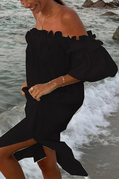 Linen Blend Off Shoulder Ruffle Puff Sleeve Pocketed Midi Dress