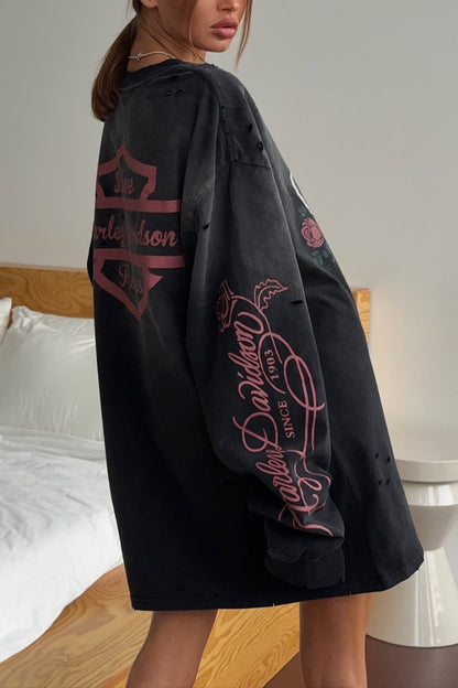 Vintage Distressed Rose Print Sweatshirt