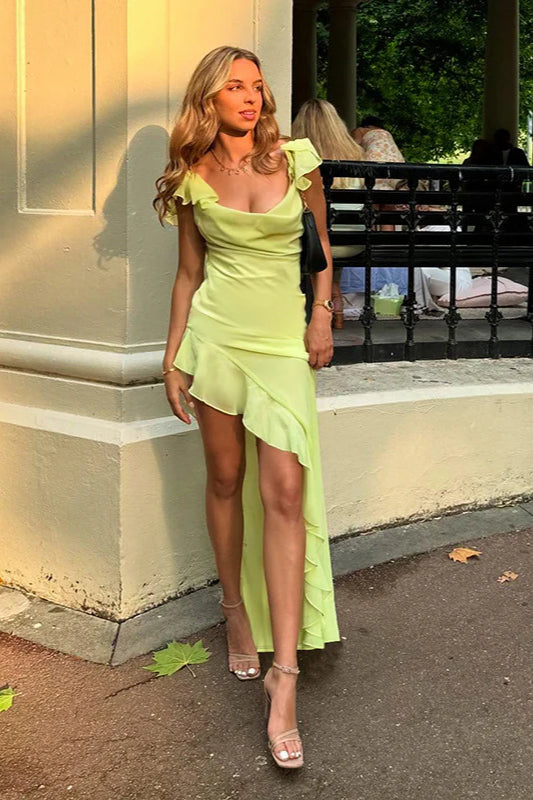 Satin Cowl Neck Ruffled Slit Maxi Dress