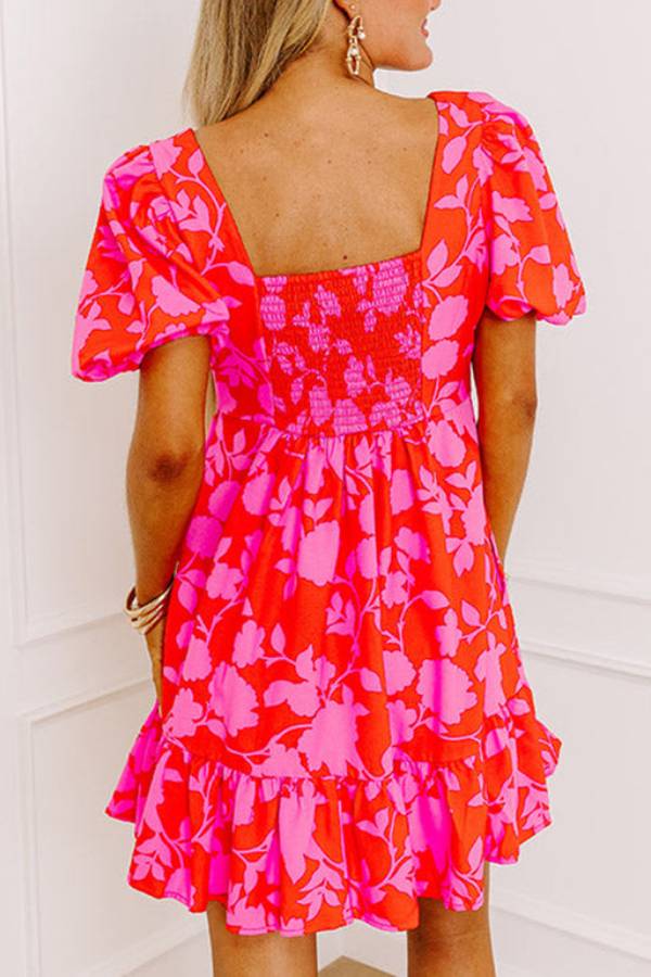 Red Floral Bubble Sleeve Sweetheart Neck Ruffled Mini Dress