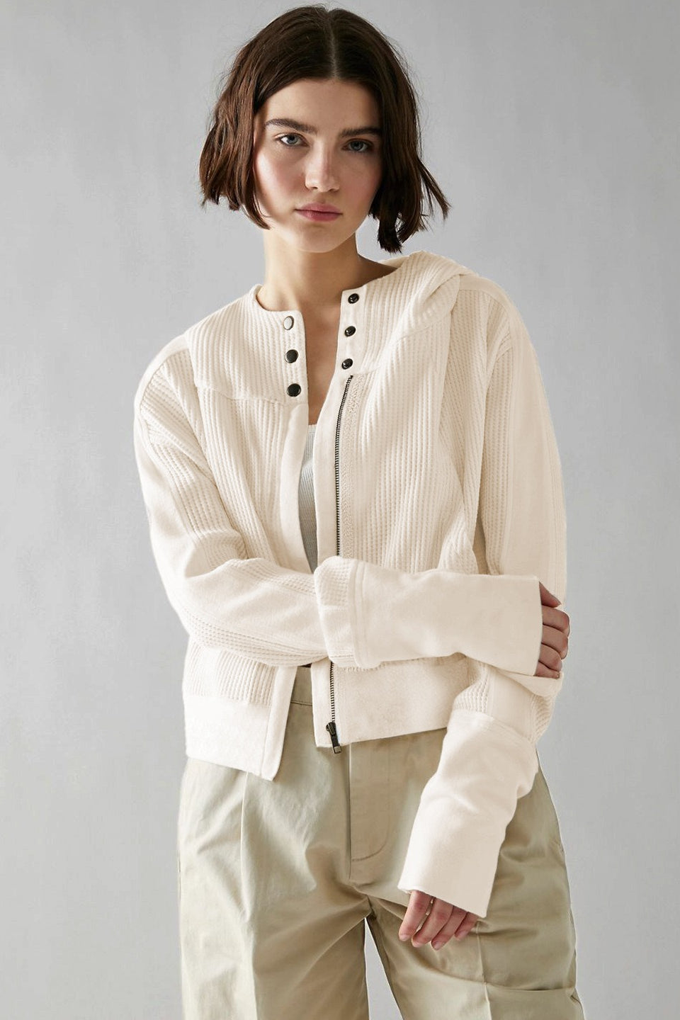 Quilted Panel Zip Up Cropped Hoodie