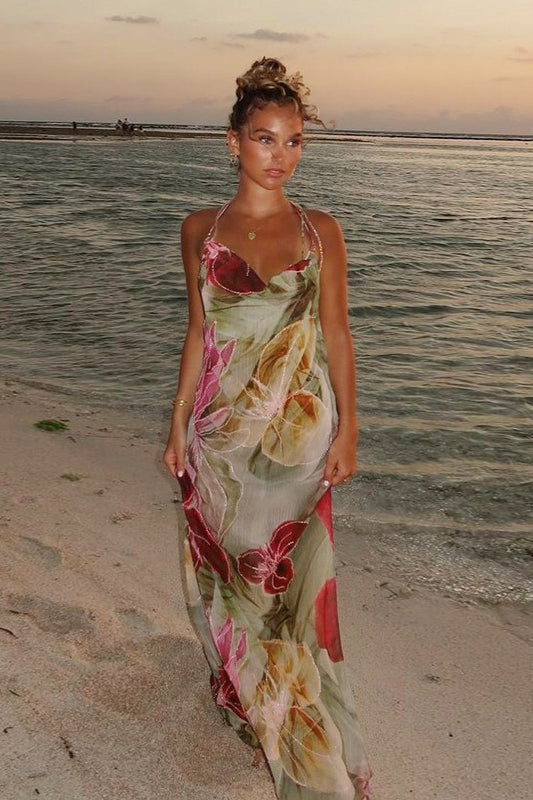 Sheer Floral Print Slit Vacation Maxi Dress