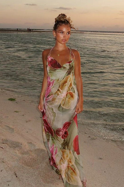 Sheer Floral Print Slit Vacation Maxi Dress