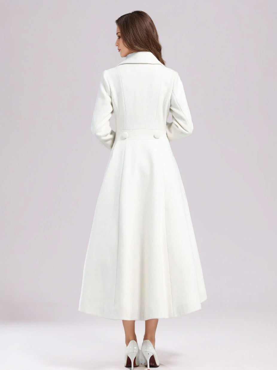 White Woolen Flared Coat For Woman Wide Lapel Double-breasted Winter A-line Midi Outerwear 2026