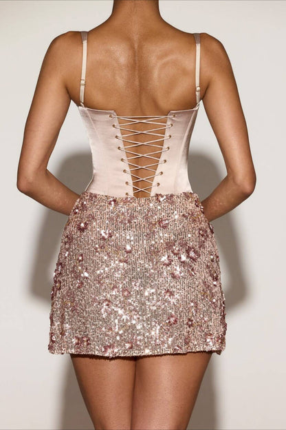 3D Floral Sequin Satin Bodycon Spaghetti Strap Mini Dress