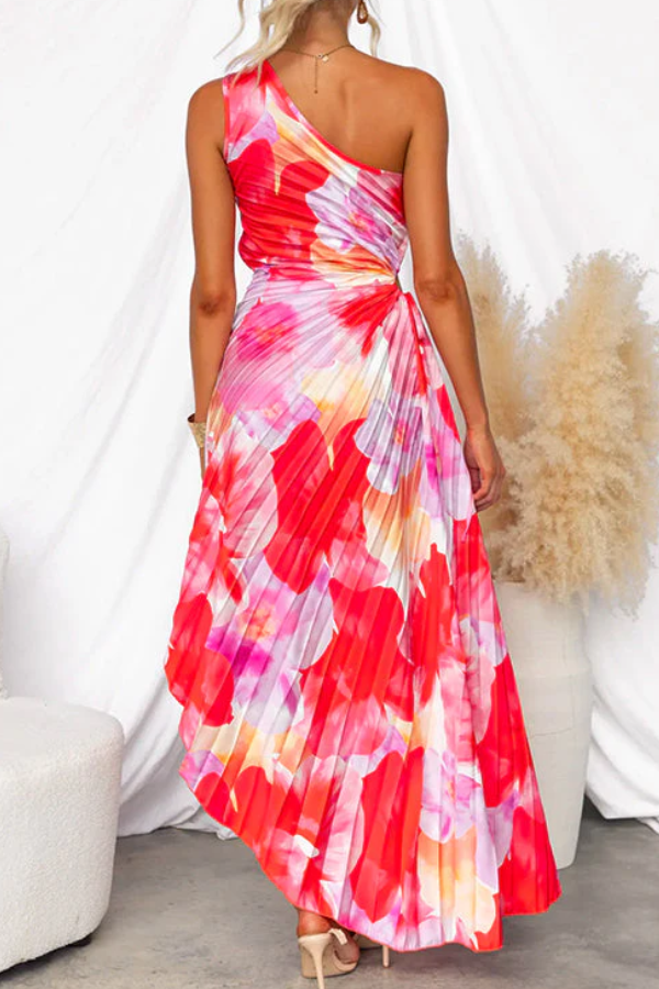 One Shoulder Sleeveless Print Asymmetric Maxi Pleated Dress