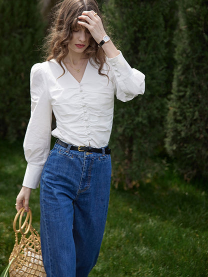 Jasmine Elegant V-Neck Puff sleeve Top-Blue