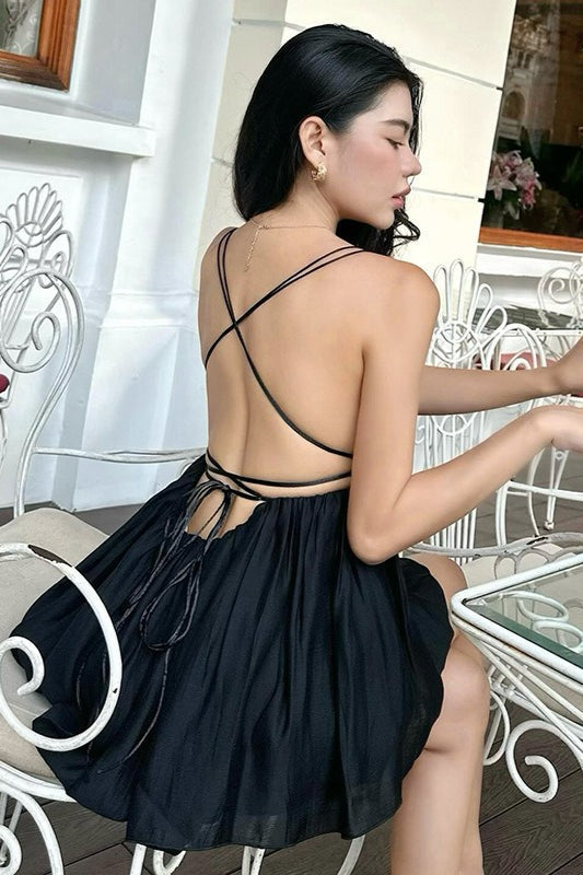 Deep V-Neck Empire Waist Tiered Chiffon Flare Cami Mini Dress