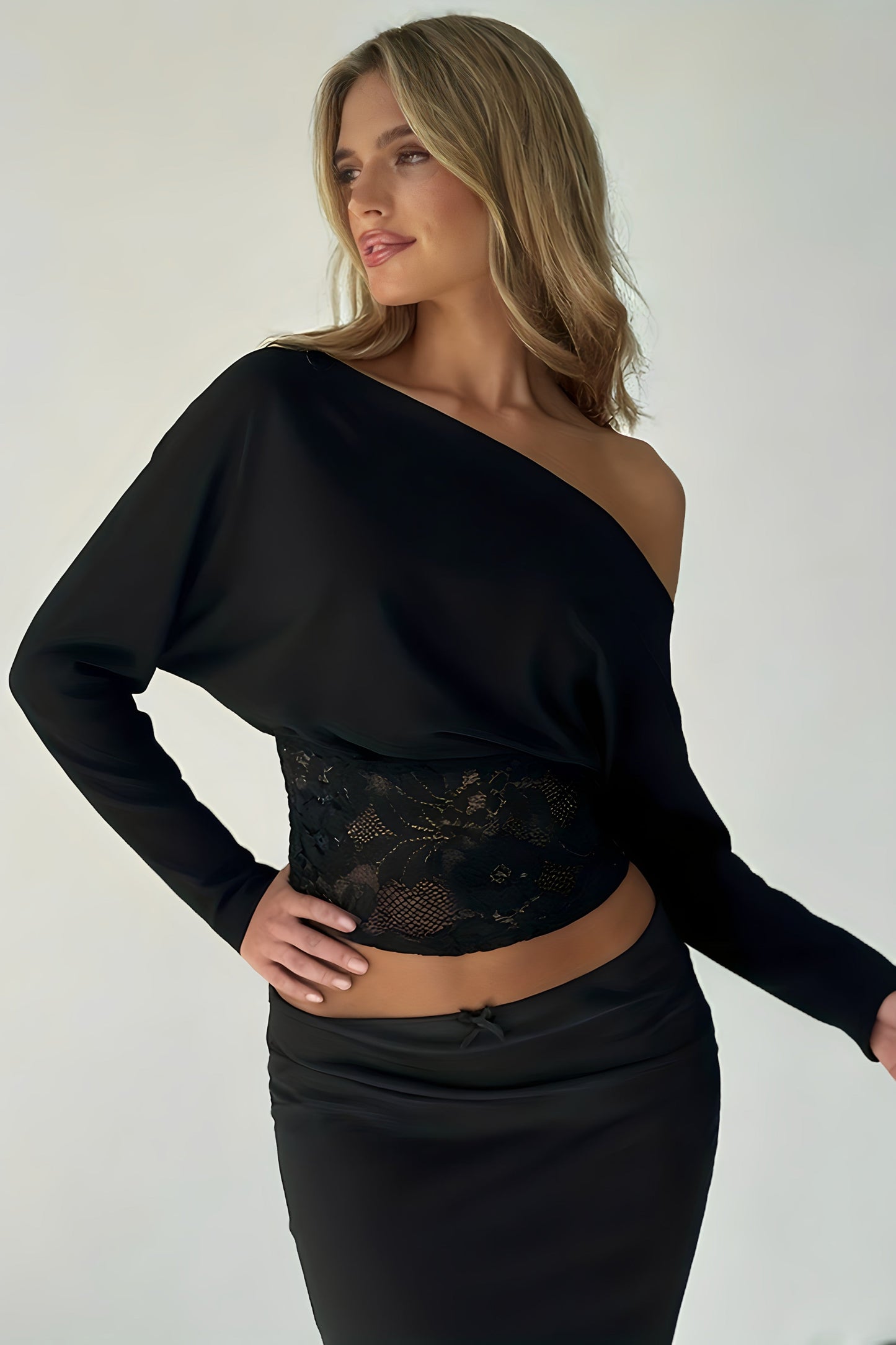 Lace Splice Off Shoulder Bat Sleeve Blouse