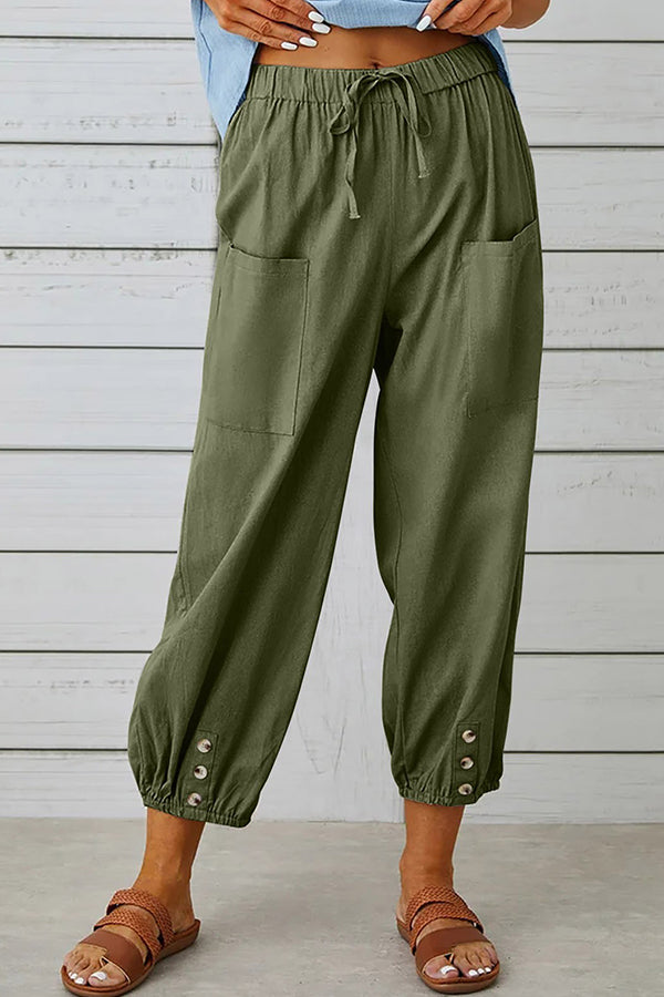 Loose casual button down cropped cotton linen trousers wide leg