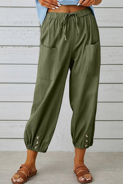 Loose casual button down cropped cotton linen trousers wide leg