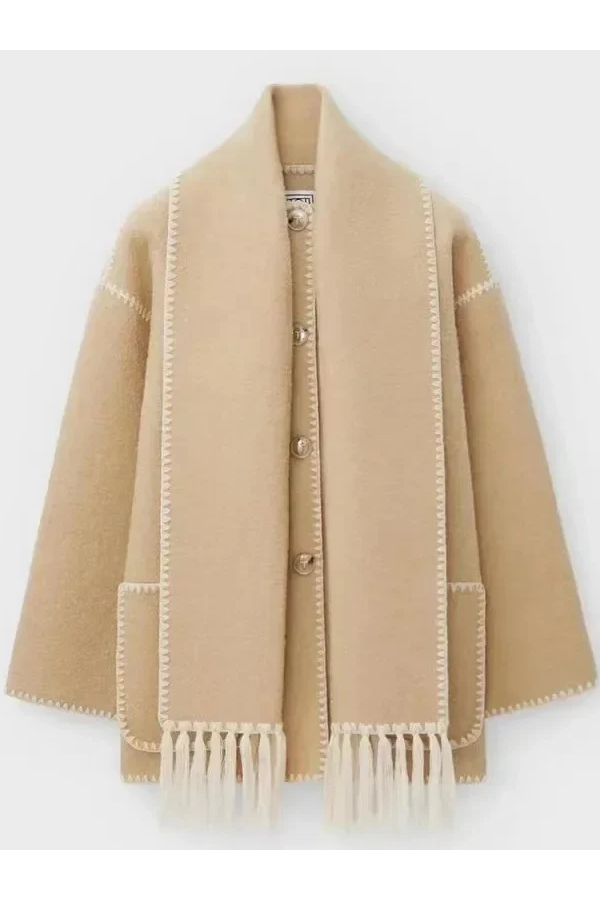 Scarf-Neckline Felt Woolen Coat