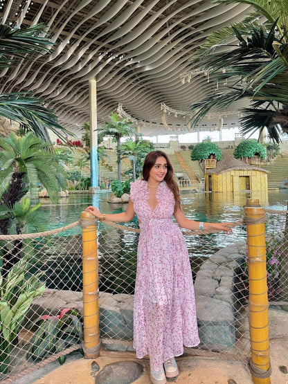 Floral Print Hollow Out Cutout Deep V Plunge Ruffled Backless Dress