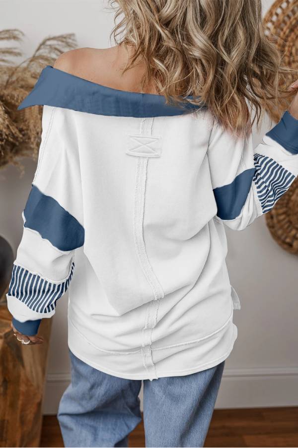 Light French Beige Striped Patchwork Collar Sweatshirt