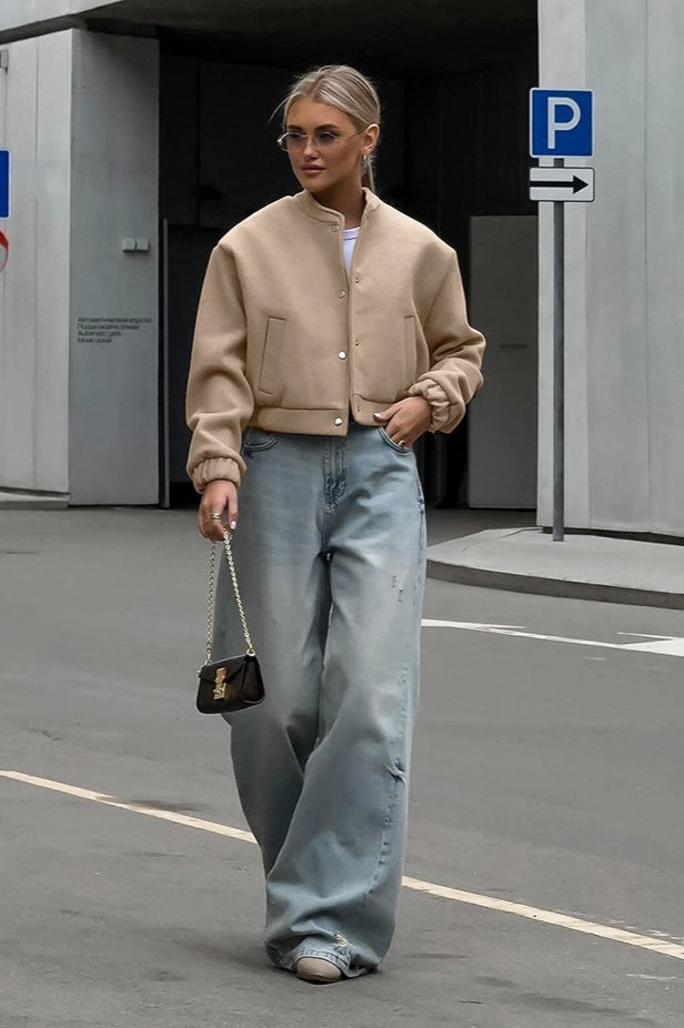 Khaki Wool Stand Collar Jacket