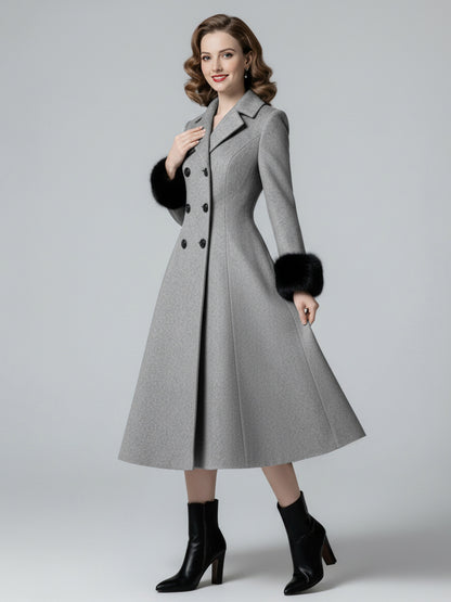 Wool Blend Double-breasted Midi Flared Coat with black Faux Fur Cuffs For Women 2026