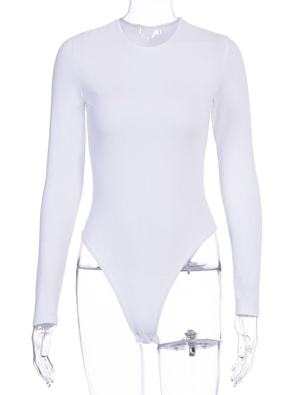 Bodysuit Light Apricot Long Sleeves Piping Stretch Notched Neckline Sexy Cotton Top For Women