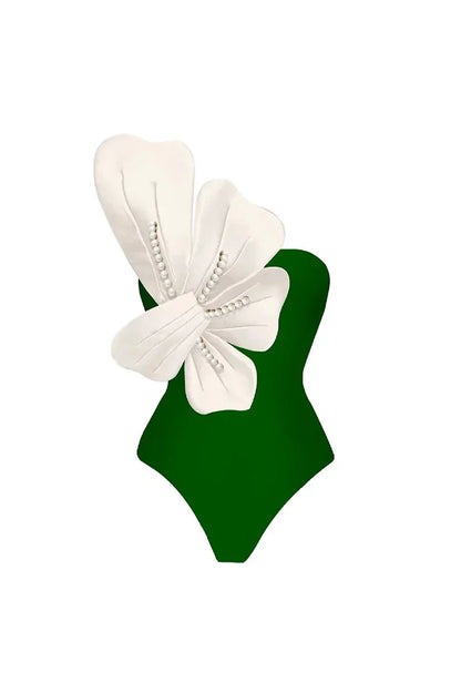 Green Swimsuit Set Pearl Floral Embellishments