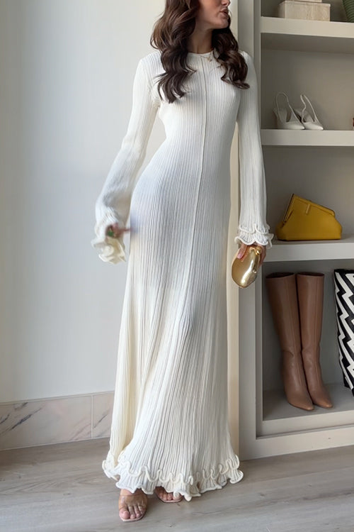 Bell Sleeves Back Lace-up Ruffle Trim Maxi Dress