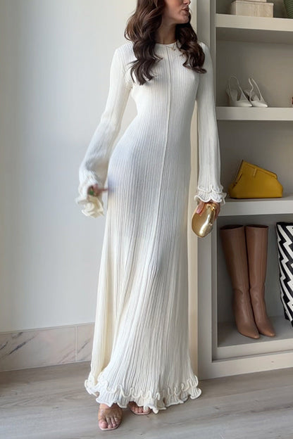 Bell Sleeves Back Lace-up Ruffle Trim Maxi Dress