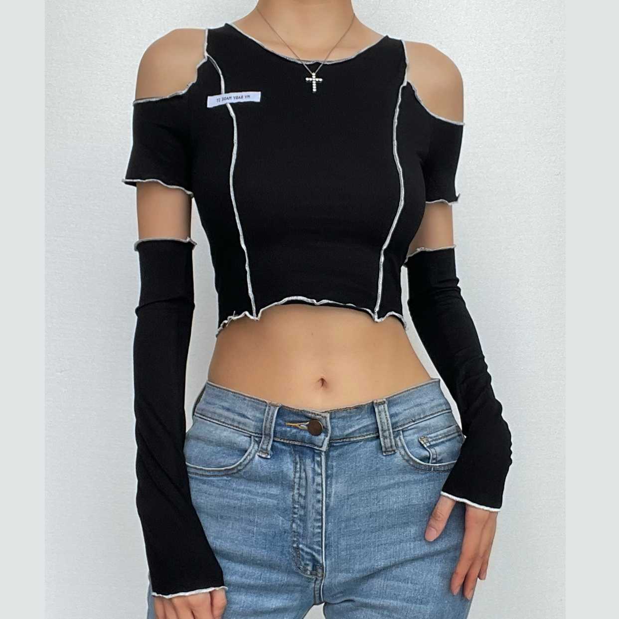Long sleeve off shoulder patchwork ribbed top