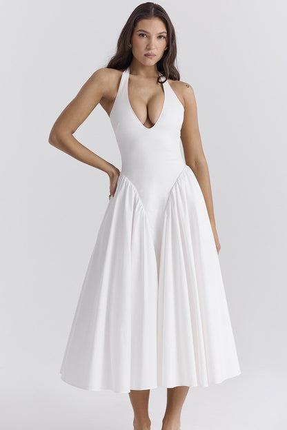 White Cotton Halter Midi Sundress