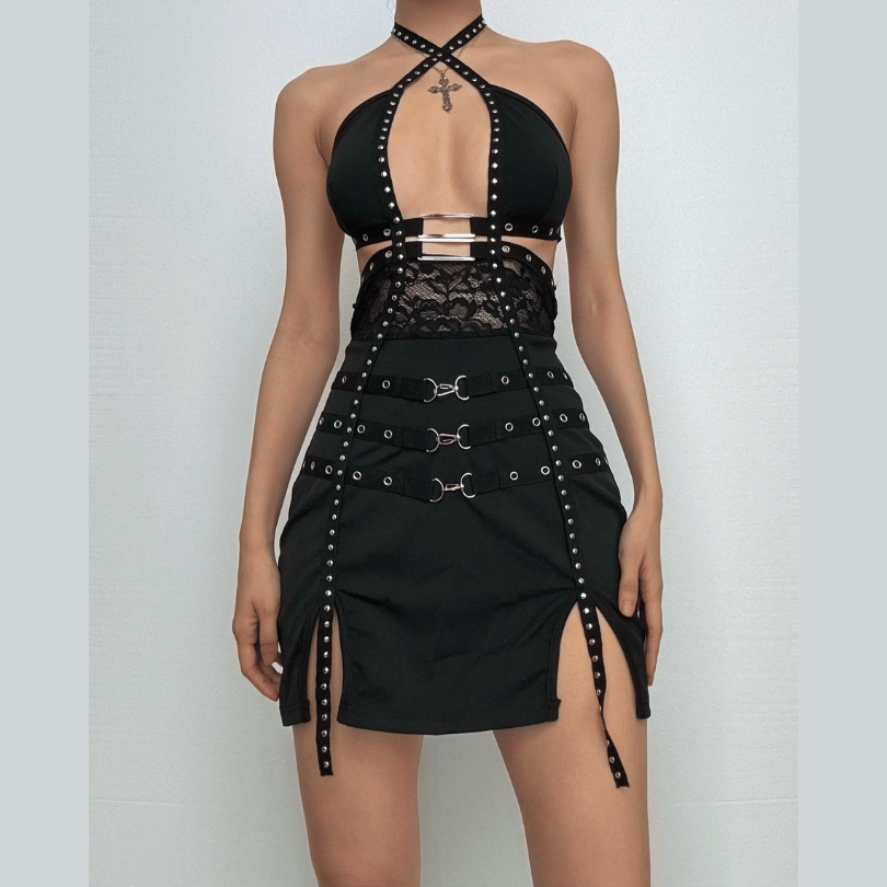 Halter buckle slit backless hollow out cut out mini dress