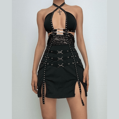 Halter buckle slit backless hollow out cut out mini dress