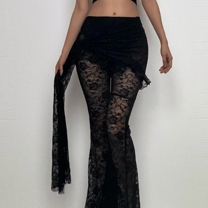 Ruffle ruched lace irregular solid pant