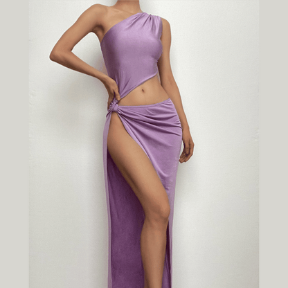 Knotted irregular one shoulder hollow out slit cut out maxi dress