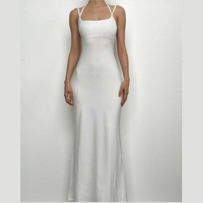 Backless hollow out low cut self tie solid cami cut out maxi dress