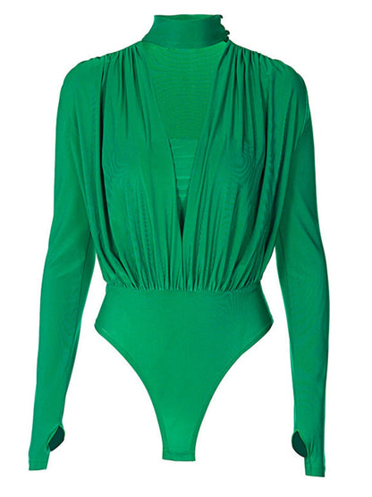 V-neck Slim Fit Pleated Decoration Base Layer Splicing Long-sleeved Bodysuit