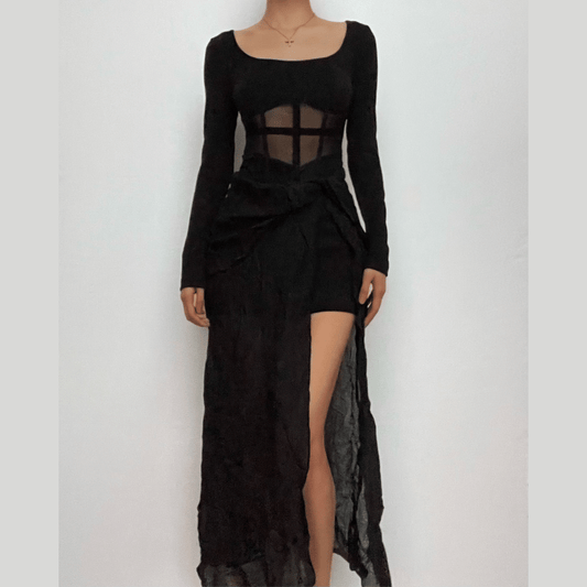 Corset square neck solid long sleeve ruched maxi dress-final-sale