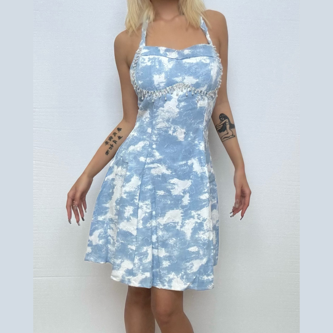 Beaded v neck denim contrast cami mini dress