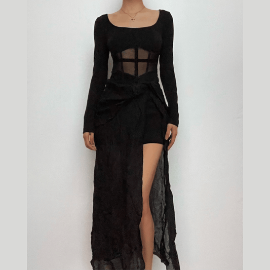 Square Neck Mesh Corset Panel Long Sleeve High Slit Maxi Dress