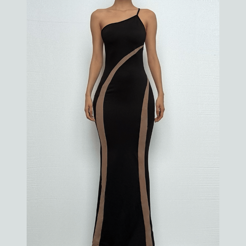 One shoulder irregular contrast cami maxi dress