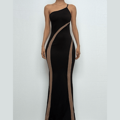 One shoulder irregular contrast cami maxi dress