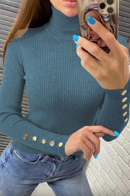 Turtleneck Gold Buttons Ribbed Knit Top