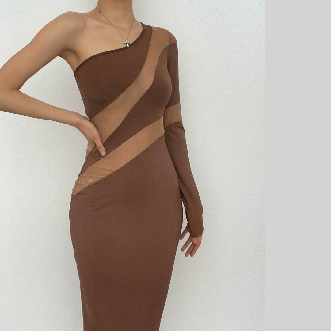 One Shoulder Long Sleeve Mesh Panel Bodycon Midi Dress